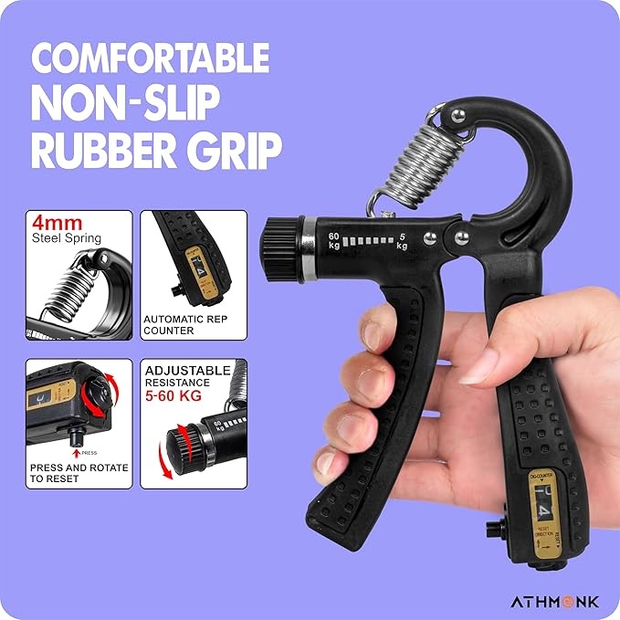 Athmonk Hand Gripper Kit - Hand Exercise Physiotherapy Equipments - Finger Strengthener & Stretcher - Stress Buster Gripper Ball - Adjustable Hand Gripper - Hand Grip Donut Ring - 5 Pcs Set